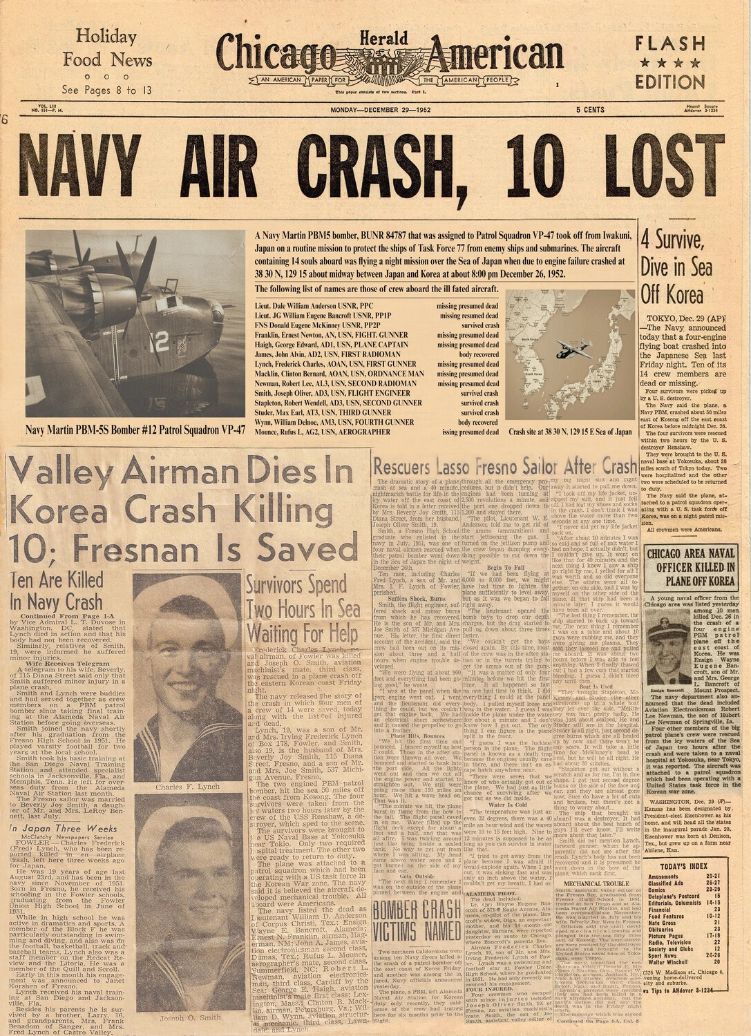 Chicago Herald-American Front Page: 'Navy Air Crash, 10 Lost' — Death of Lt. (jg) William E. Bancroft, December 29, 1952