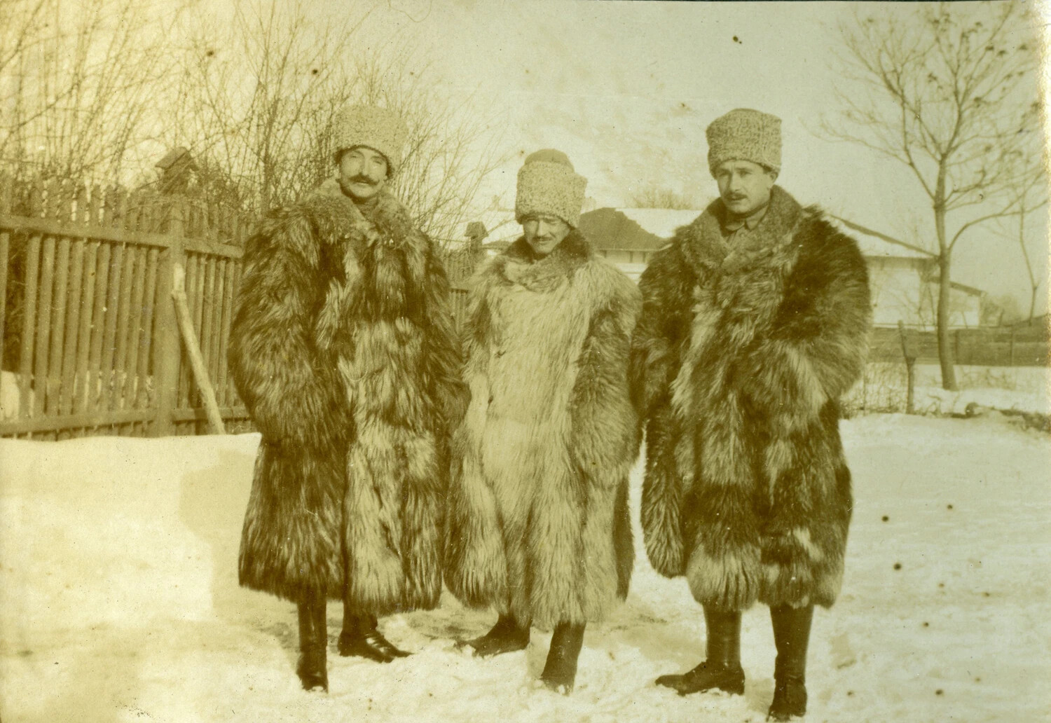 Three Aviators in Heavy Fur Winter Flying Coats, World War I Era