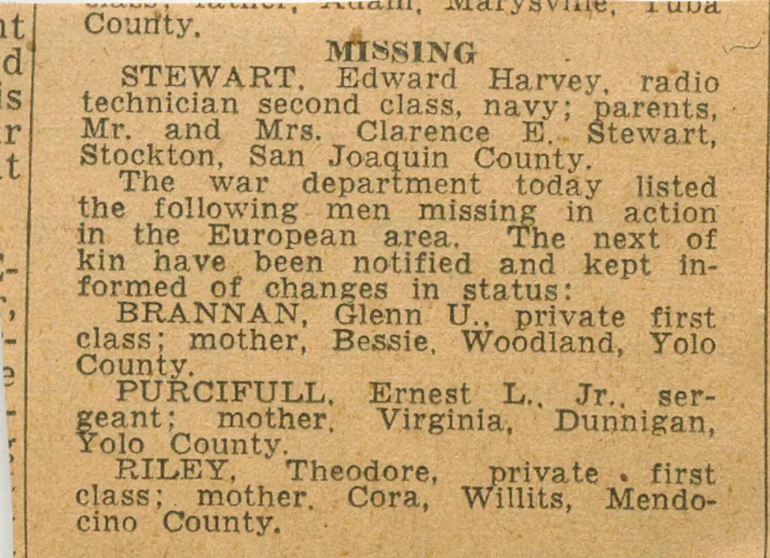 Newspaper Clipping, 'Missing' List of Servicemen, European Theater, World War II