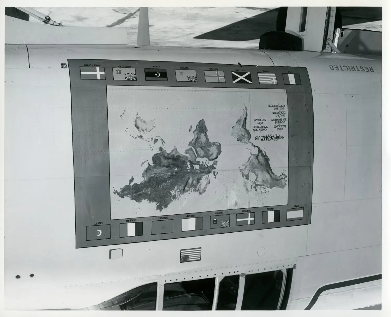 Nose Art "Spirit of St. Louis" on USAF MATS Transport Aircraft with Route Map and National Flags
