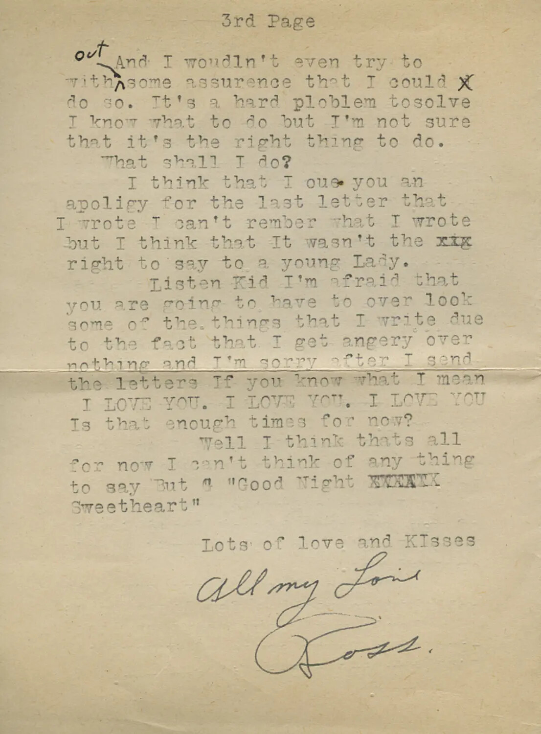 Typewritten Love Letter, Page 3, Signed 'Ross' - Moon Family WWII Correspondence