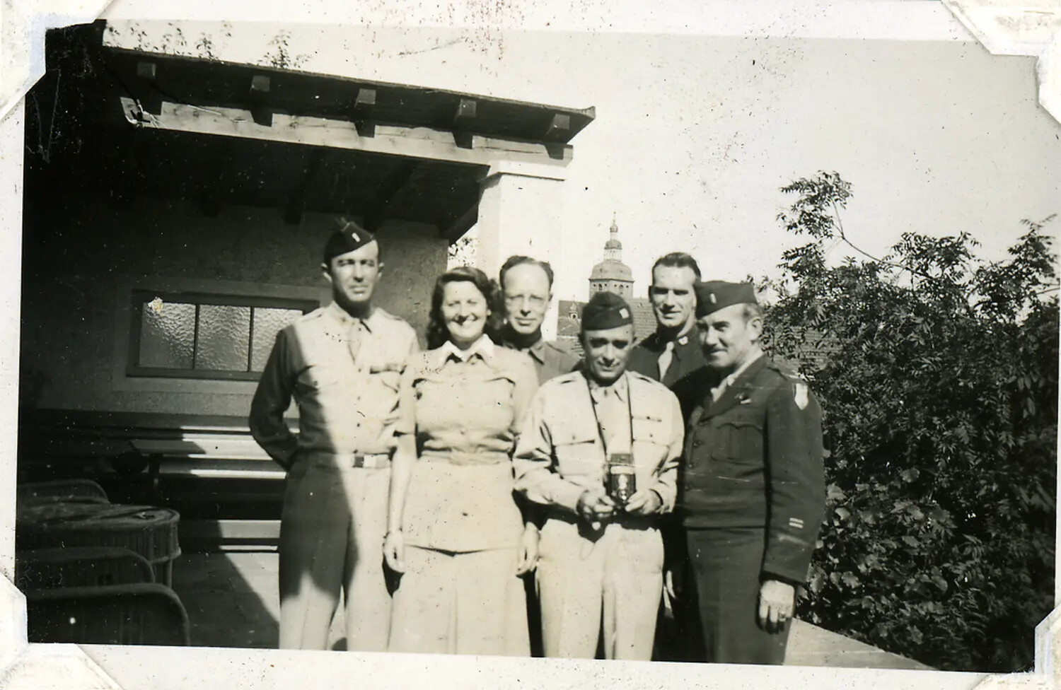 Group Photograph of American Servicemen and a Woman on a Terrace, European Occupation Zone, WWII/Post-War Era