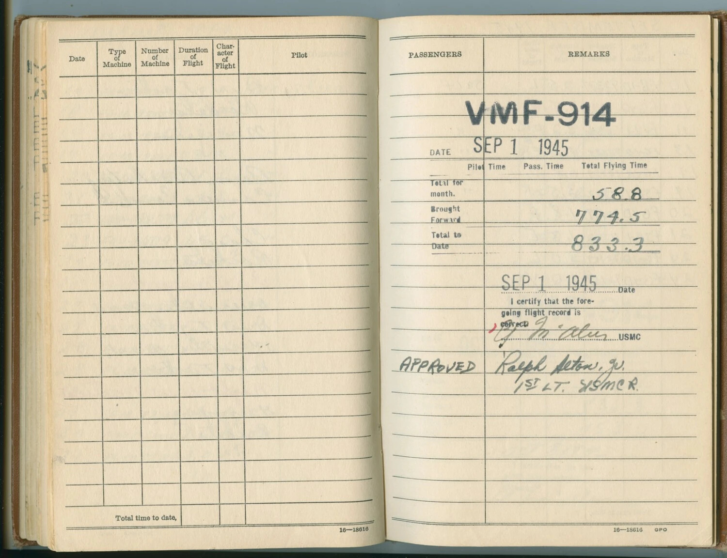 USMC Aviator Flight Logbook Page, VMF-914 Squadron, September 1945 (Pat McAleer Collection)