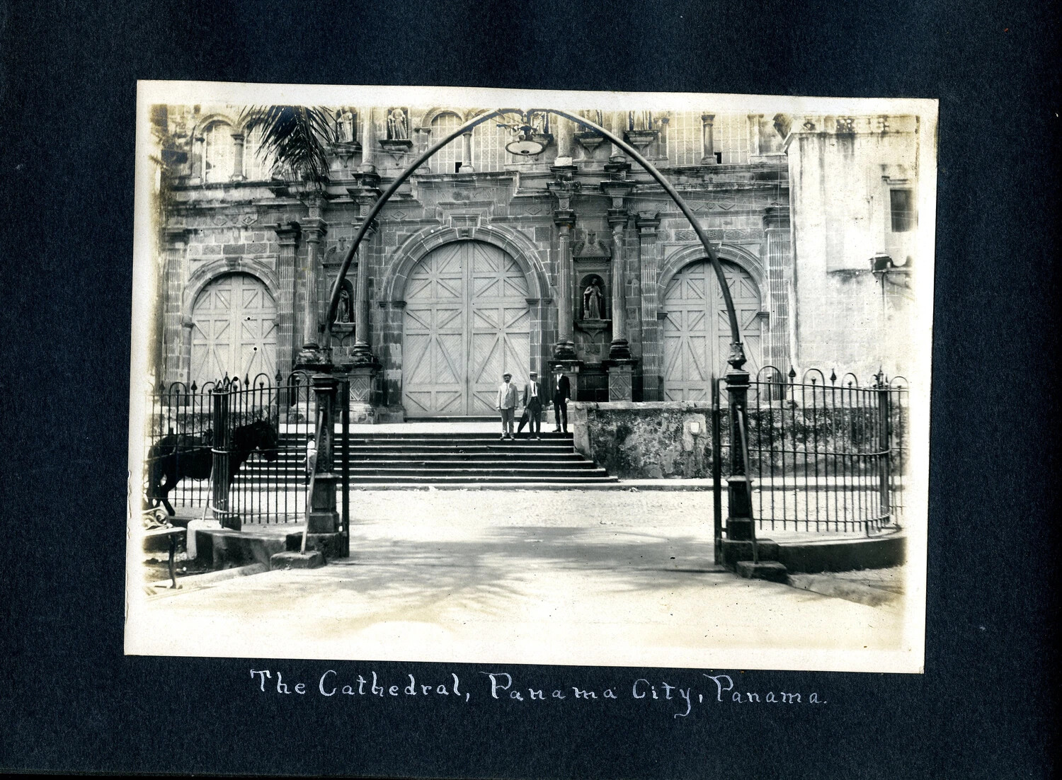 Album Page: 'The Cathedral, Panama City, Panama' — Metropolitan Cathedral Facade with Wrought-Iron Plaza Gate