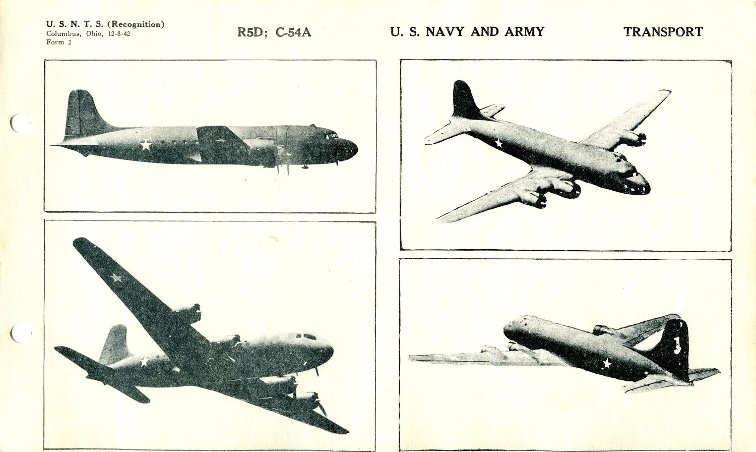 USNTS Aircraft Recognition Training Card: R5D / C-54A (Douglas Skymaster), U.S. Navy and Army Transport (Form 2, 12-8-42)