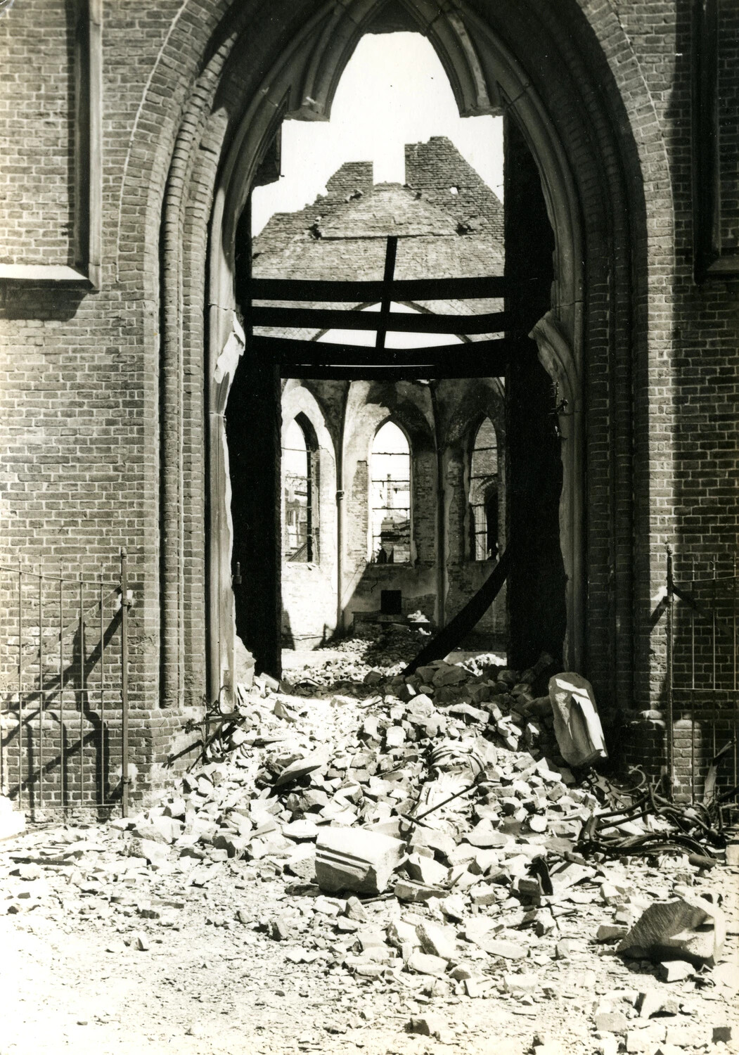 Bomb-Damaged Gothic Church Interior Viewed Through Main Portal, Germany, WWII