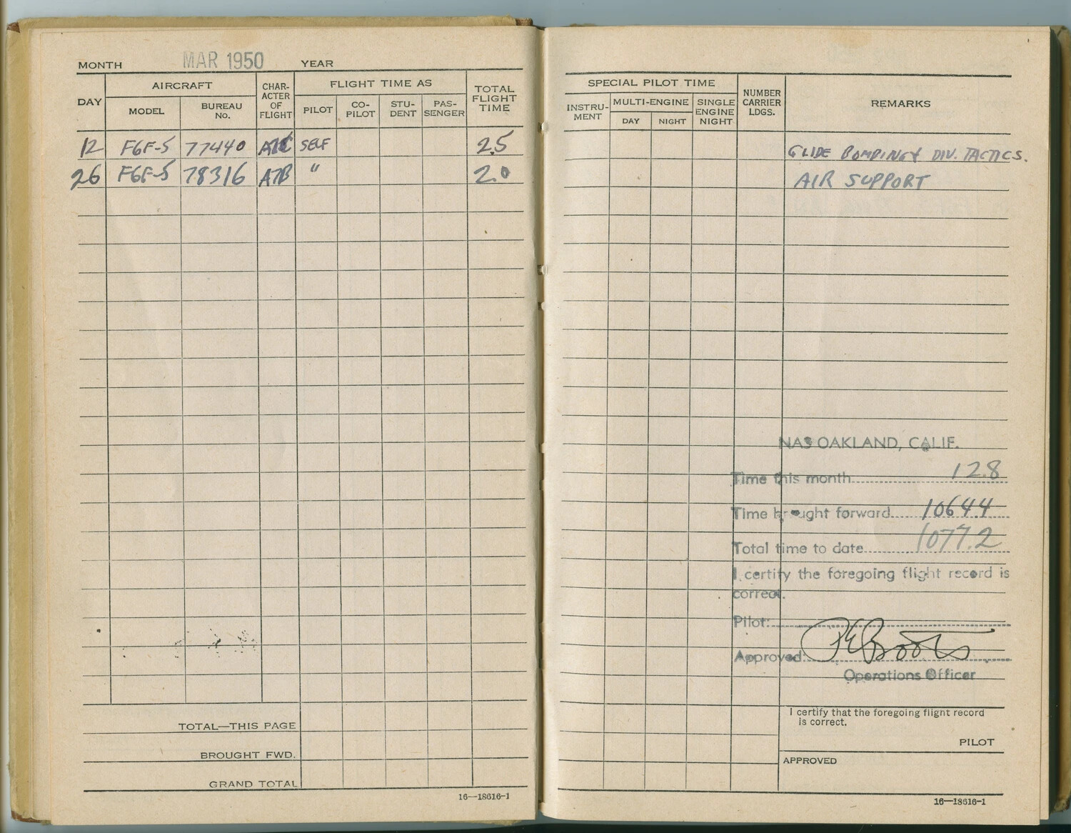 U.S. Navy Aviator's Flight Logbook Page, March 1950 - F6F-5 Hellcat Training Flights, NAS Oakland