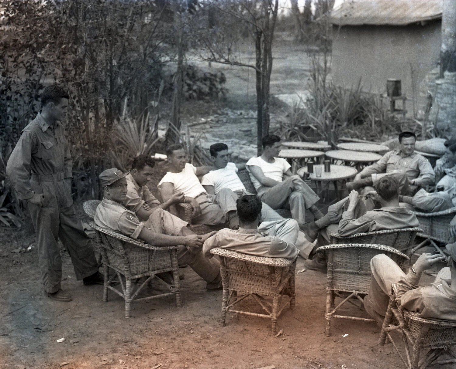 Squadron Personnel Relaxing in Wicker Chairs, China-Burma-India Theater, WWII