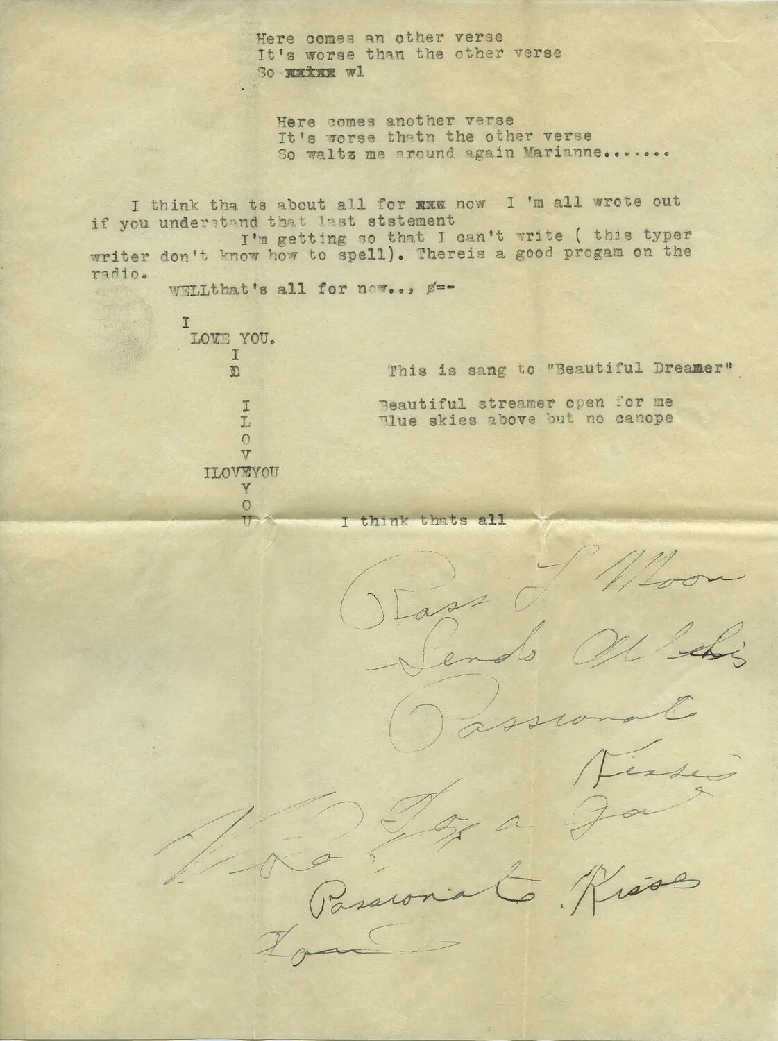 Typed Love Letter with Song Parody and Handwritten Closing, Signed 'Moon'