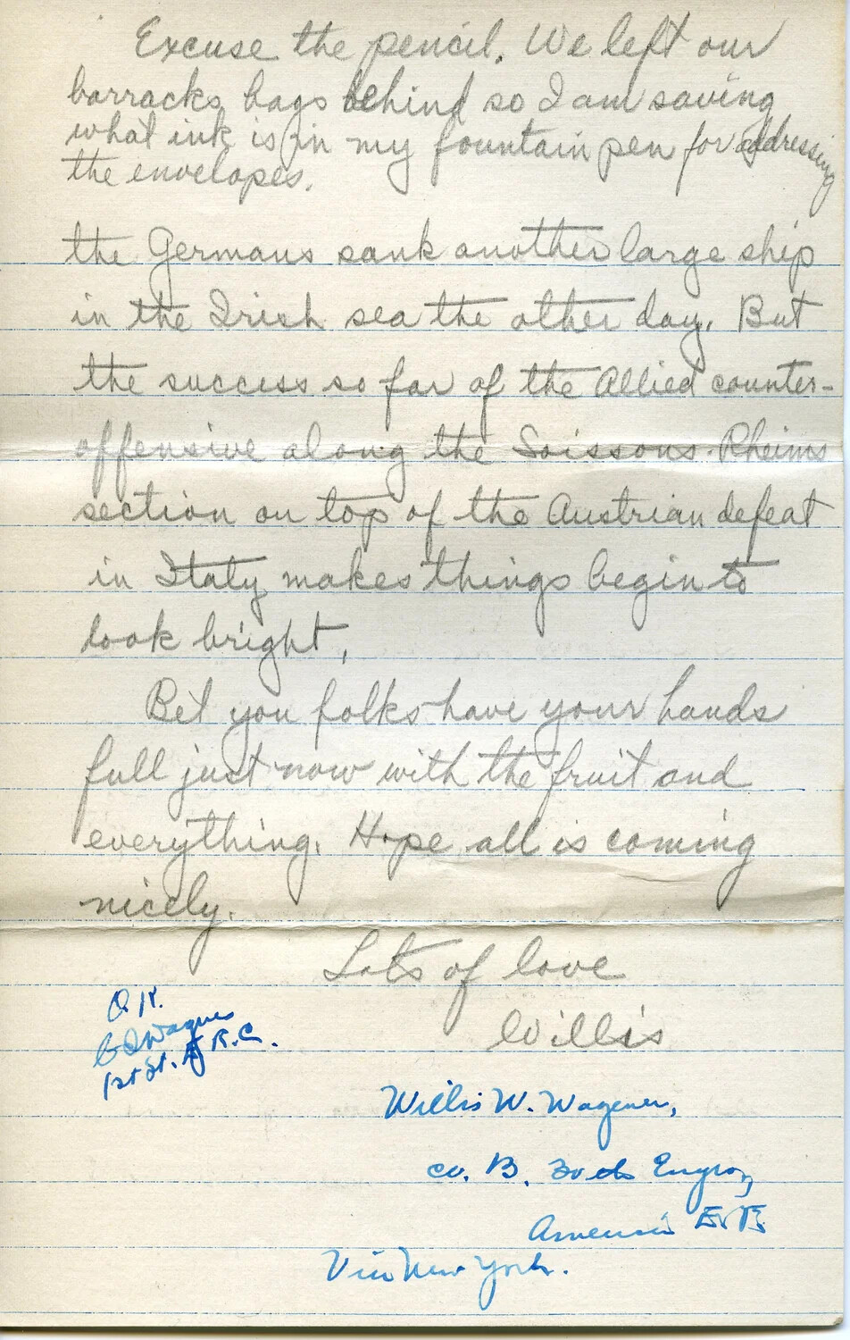 Handwritten Letter Page 10I, Pvt. Willis W. Wagener WWI Correspondence Collection