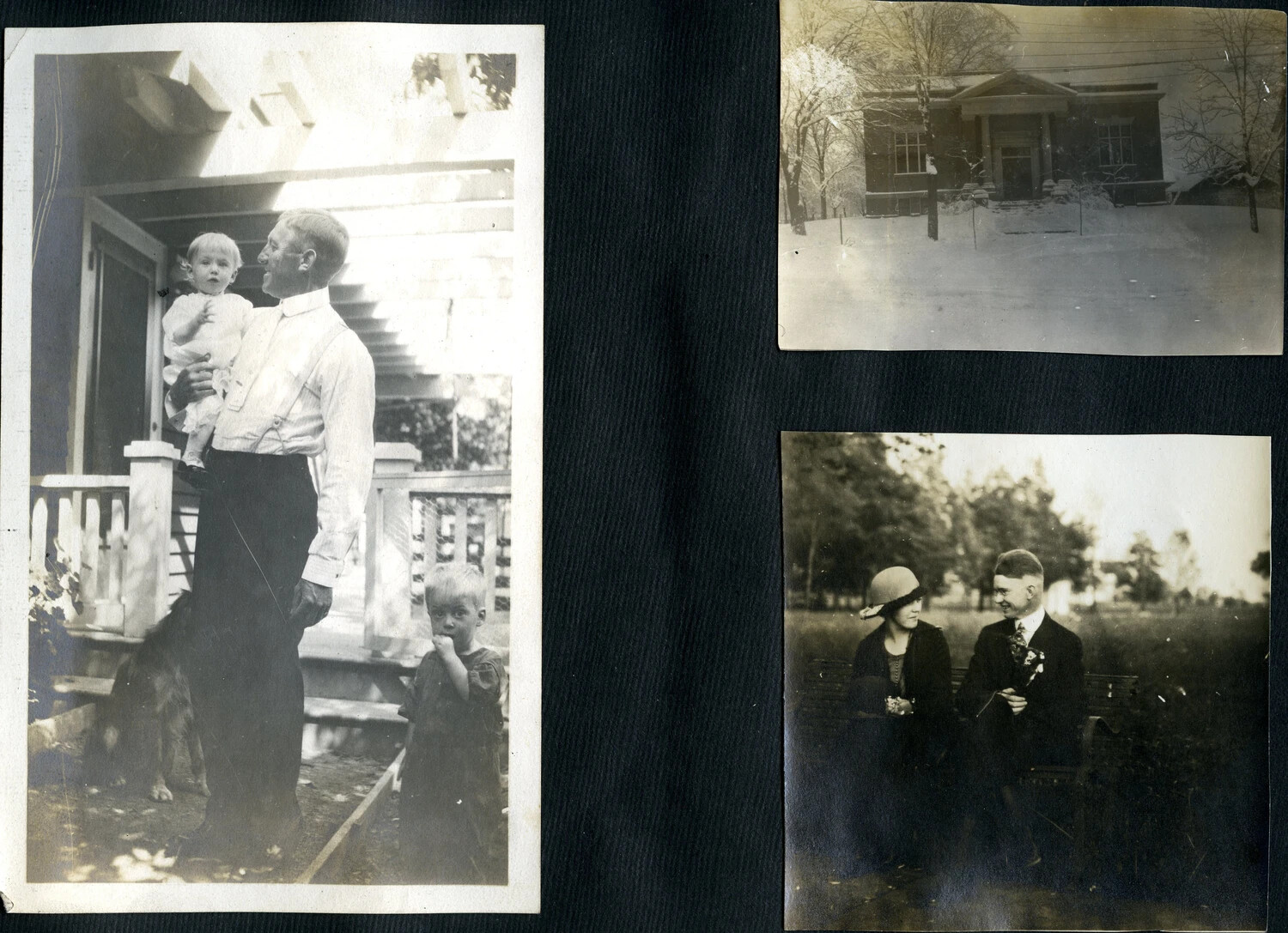 Three Family Snapshots: Porch Portrait with Children and Dog, Snow-Covered Civic Building, and Courting Couple on a Park Bench, c. 1918-1922