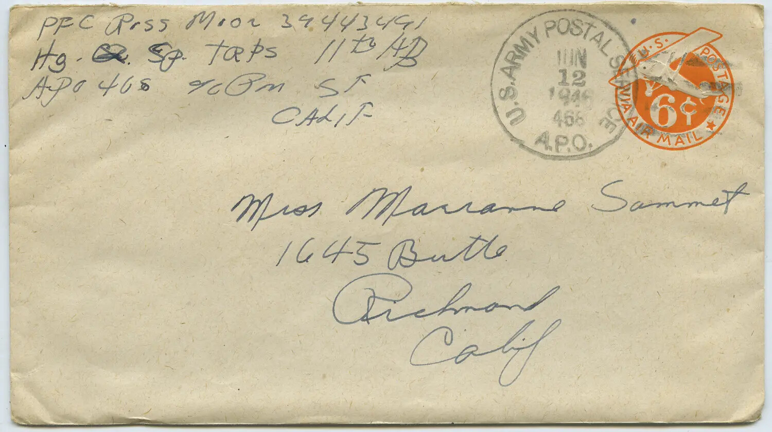 WWII-Era Airmail Cover: PFC Ross Moon, 11th Airborne Division Special Troops (APO 468) to Miss Marianne Sammet, Richmond, California