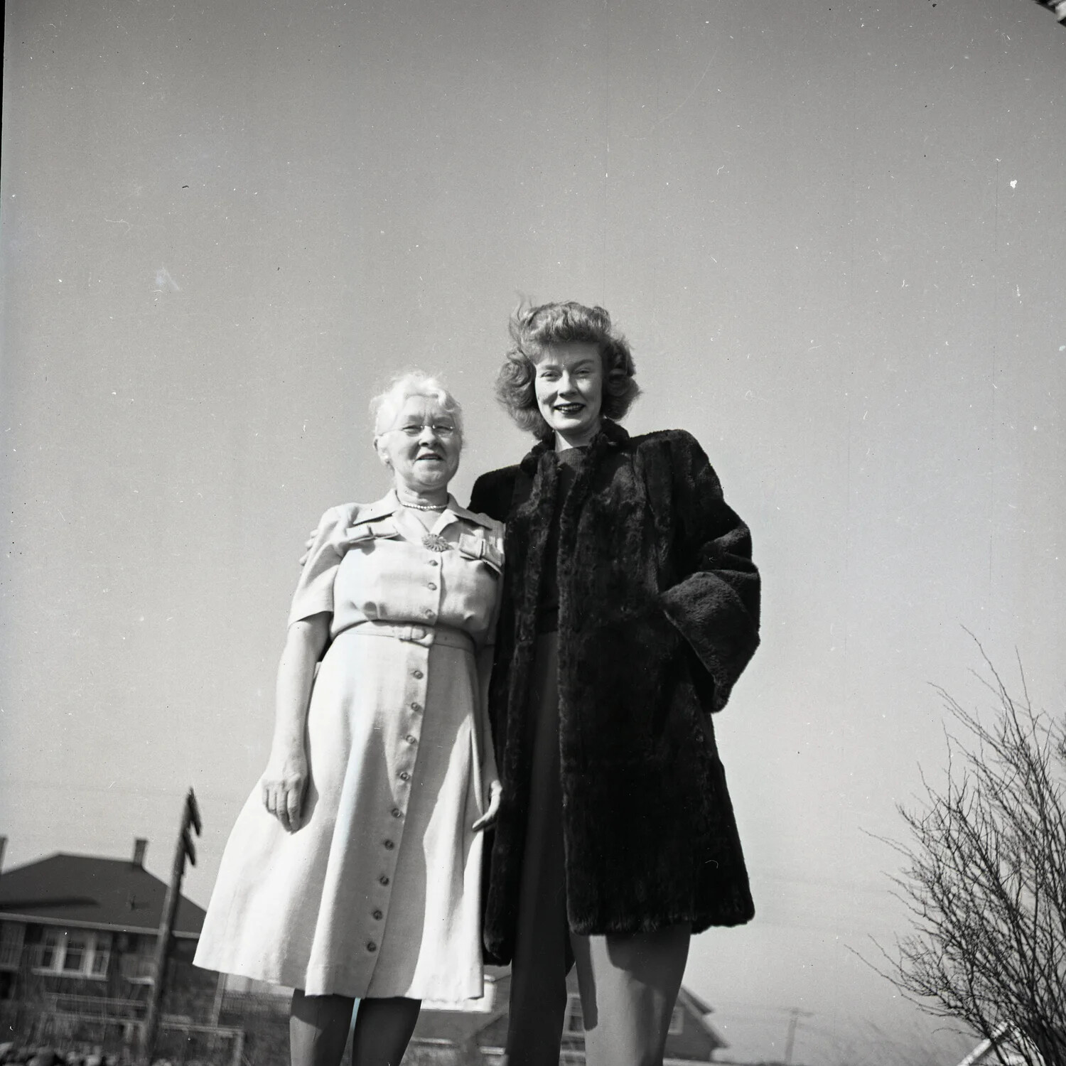 Two Women Posed Outdoors, Mid-1940s Family Snapshot (Military Band Negative Roll)