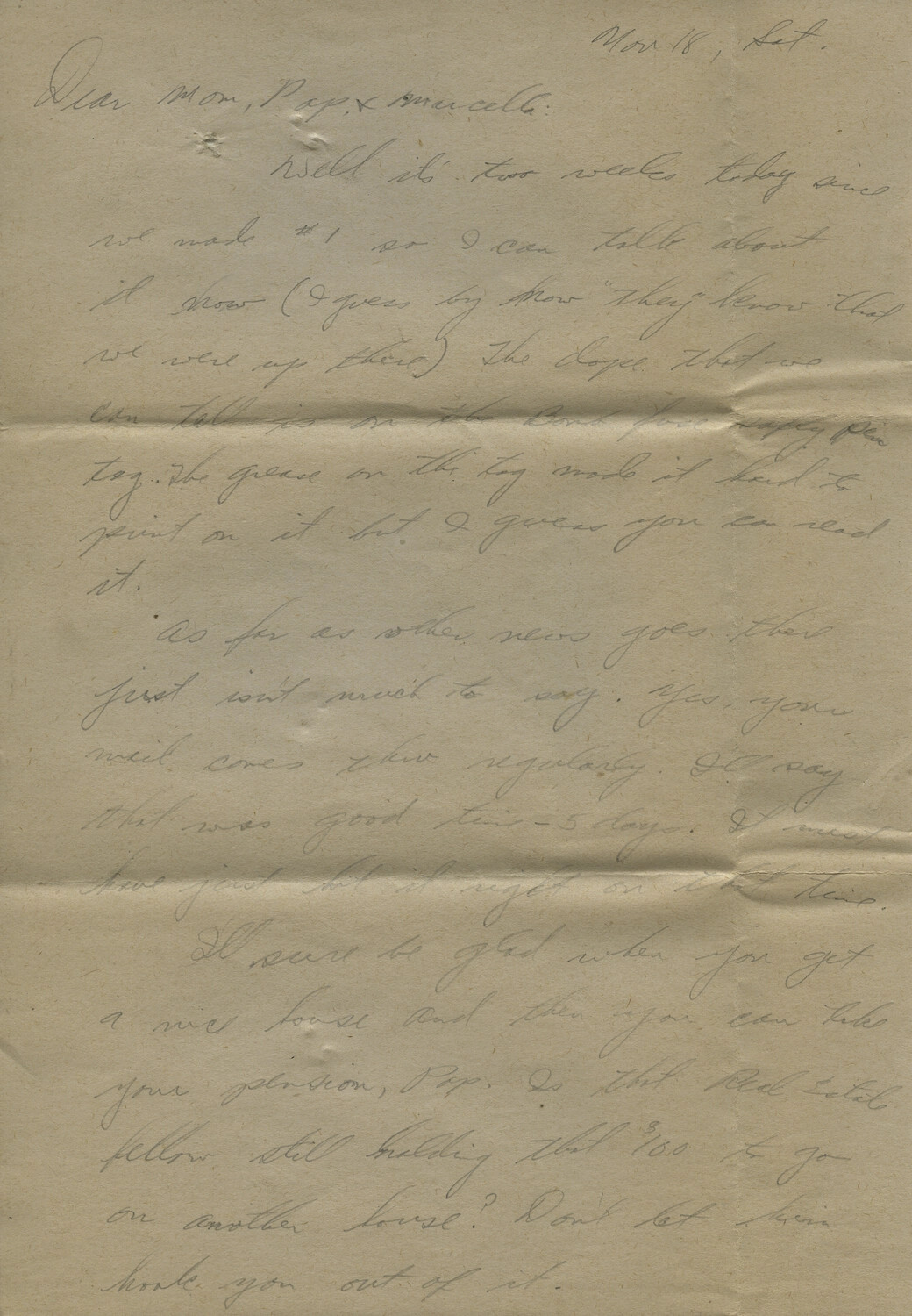 Handwritten WWII Personal Letter, 'Dear Mom, Pop & Marcella,' Dated Nov. 18 (Likely 11th Airborne Division Correspondence)