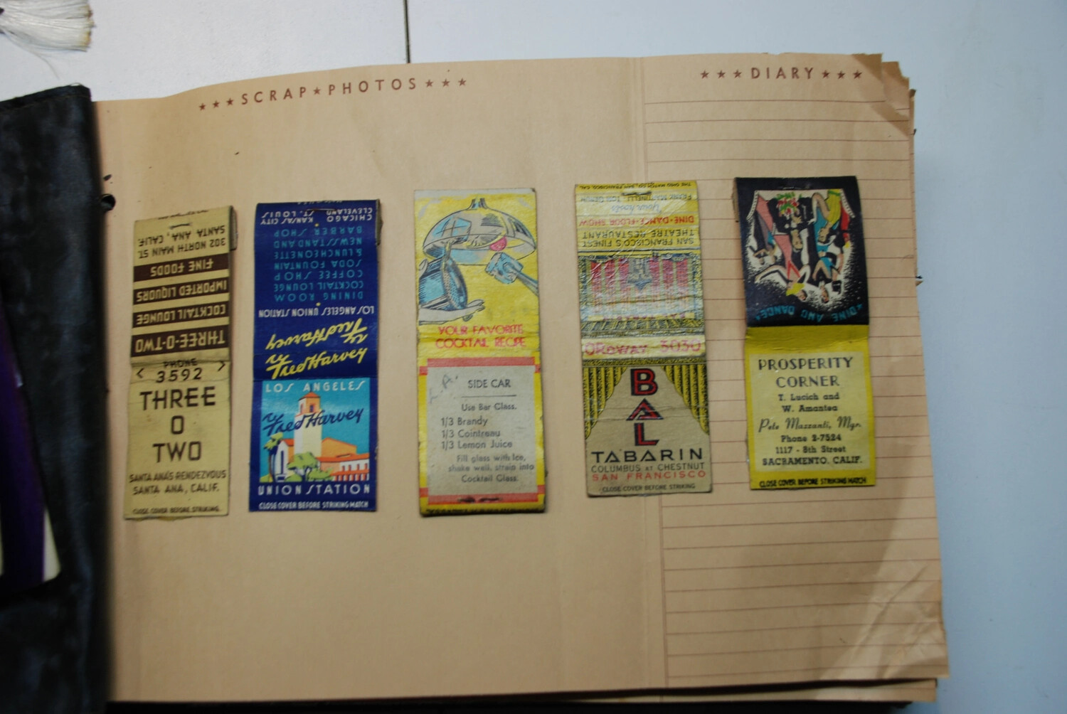 Scrapbook Page with Pasted Matchbook Souvenirs from California Nightclubs and Restaurants, 1940s