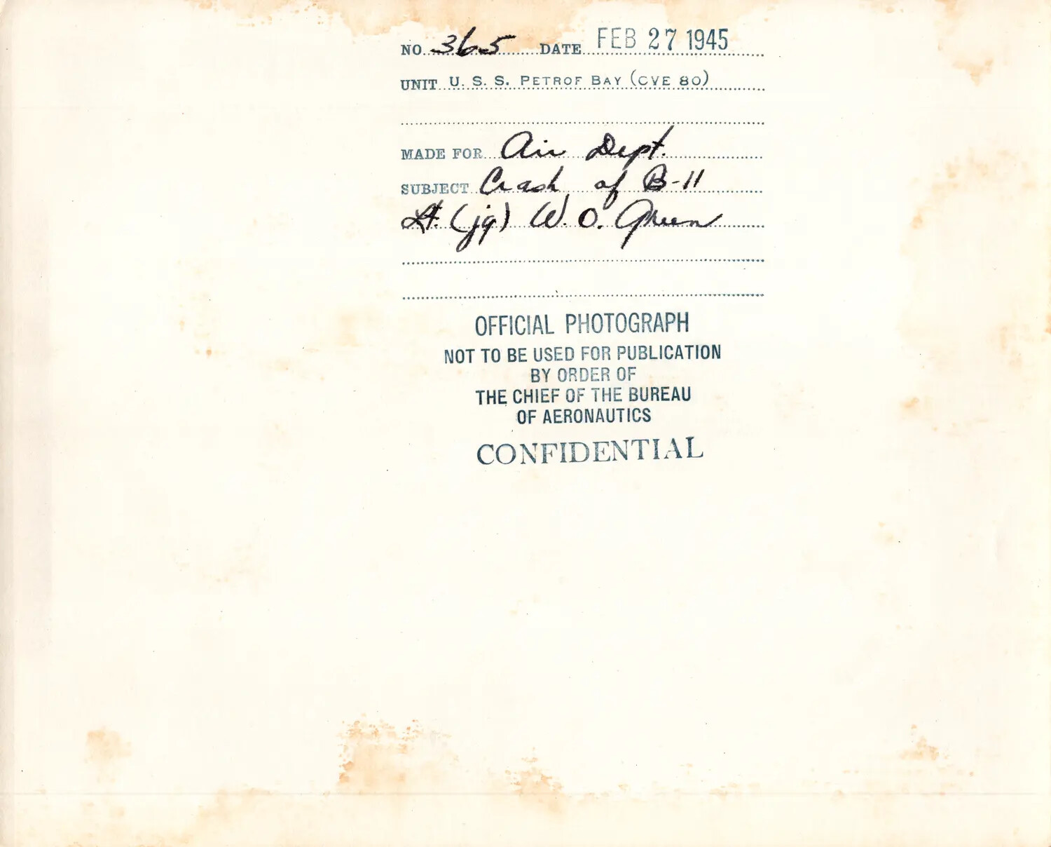 Caption Card, U.S.S. Petrof Bay (CVE-80), 27 February 1945 - Crash of Aircraft B-11, Lt(jg) W.O. Green (Duplicate/Companion Card)
