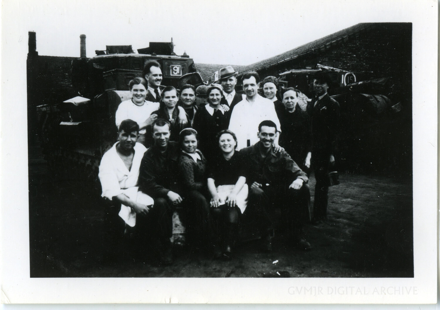 Civilian Workers Posed with U.S. Army M3 Half-Tracks, European Theater, WWII Era