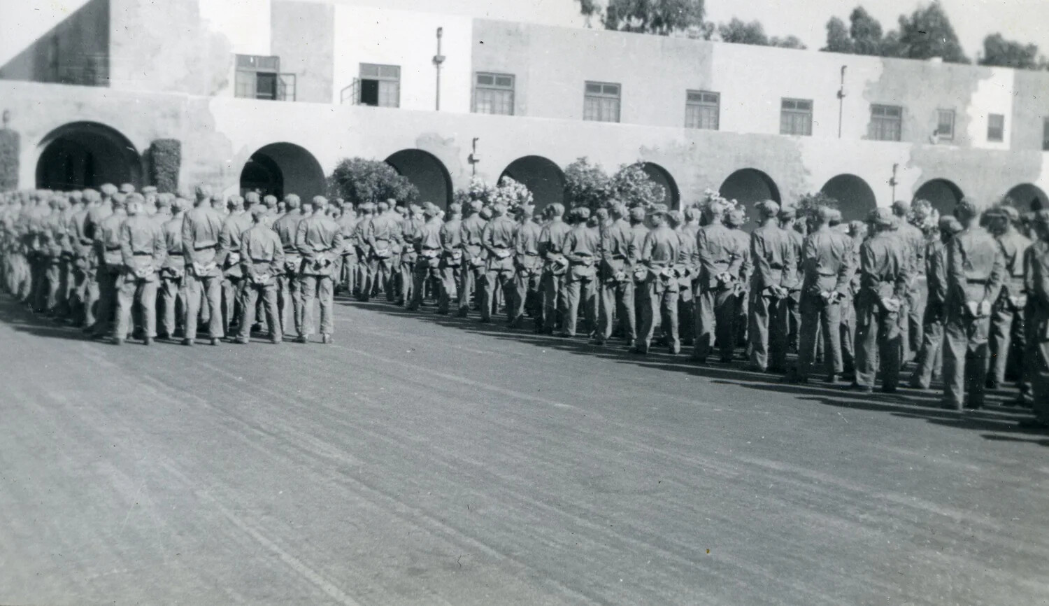Marine Corps Formation on Parade Ground, Spanish Mission-Style Barracks, 1945