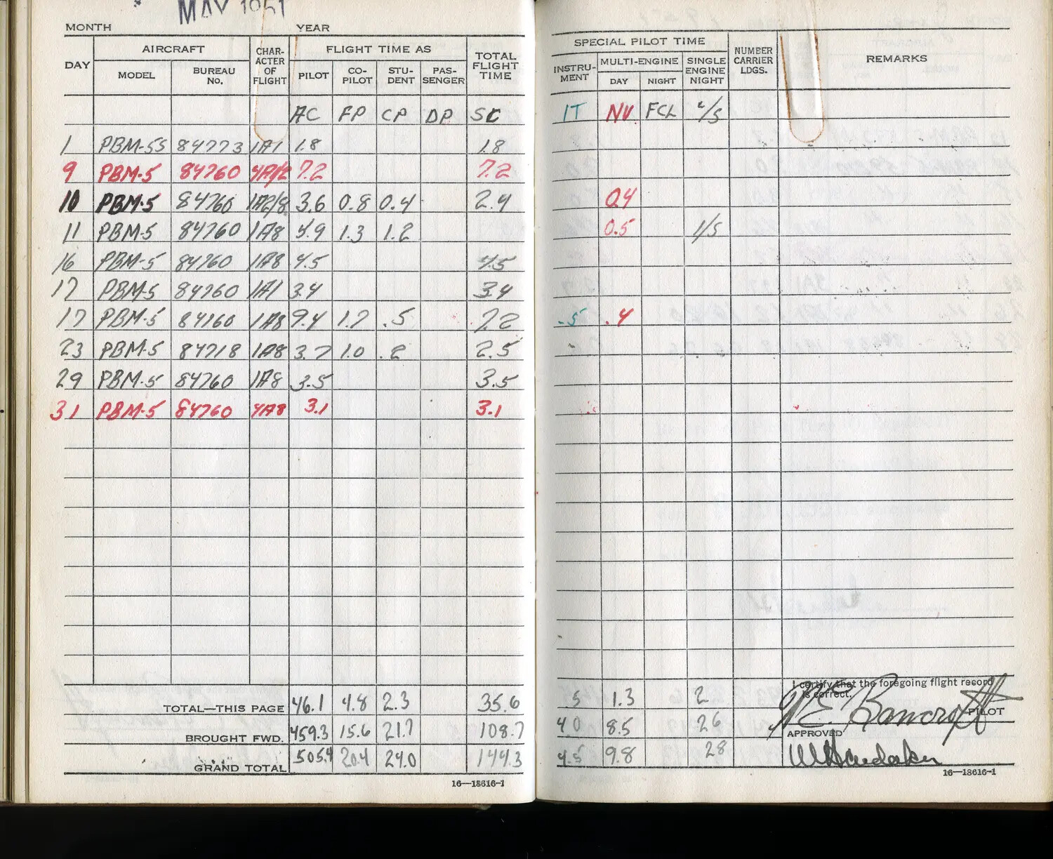 U.S. Navy Aviator Flight Logbook Pages, Lt. R.E. Bancroft, PBM-5 Mariner Squadron, May 1951 (Korean War Era)