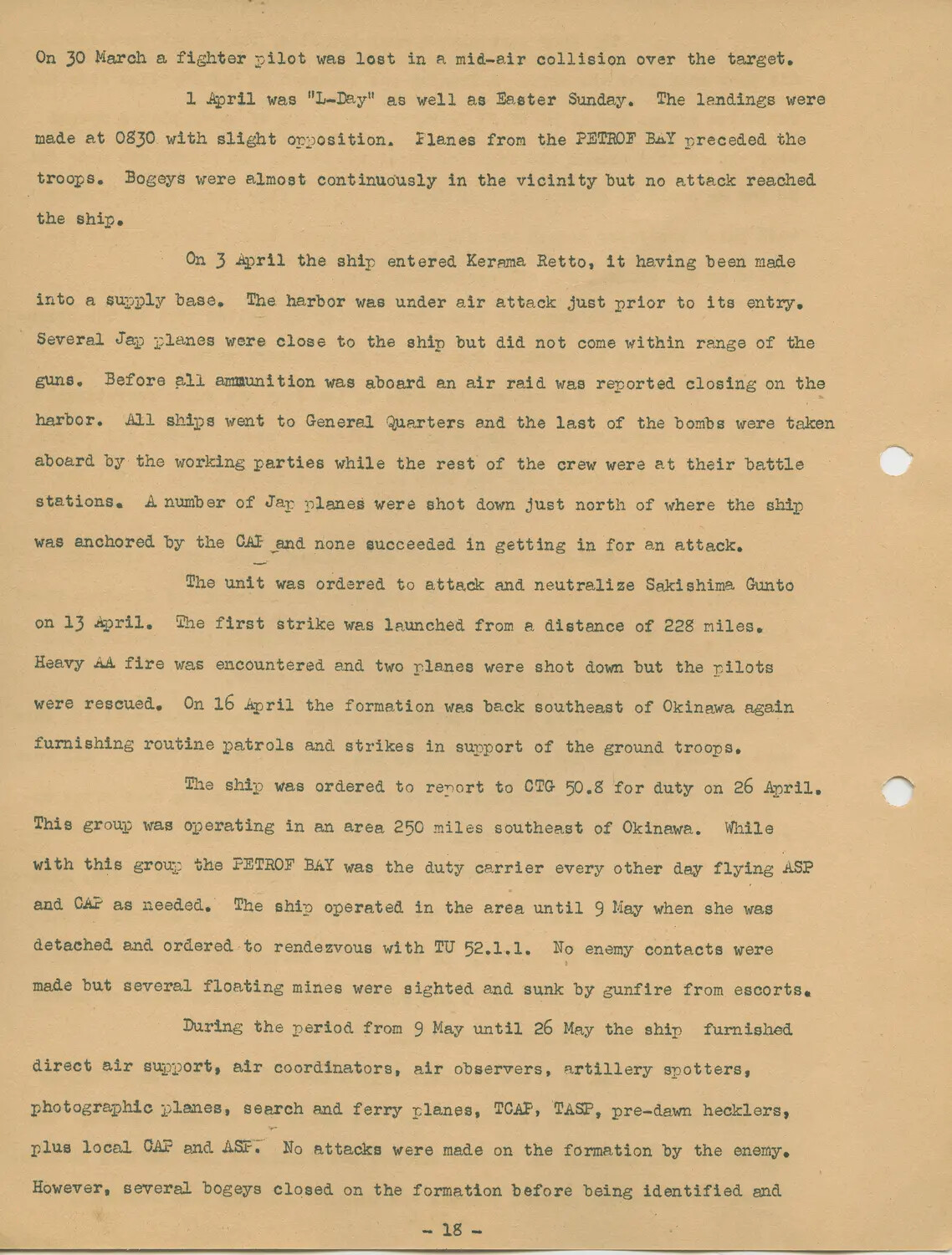 Typed Page 18 - USS Petrof Bay (CVE-80) Okinawa Invasion Operations: L-Day Landings, Kerama Retto, and Sakishima Gunto Strikes, 1945