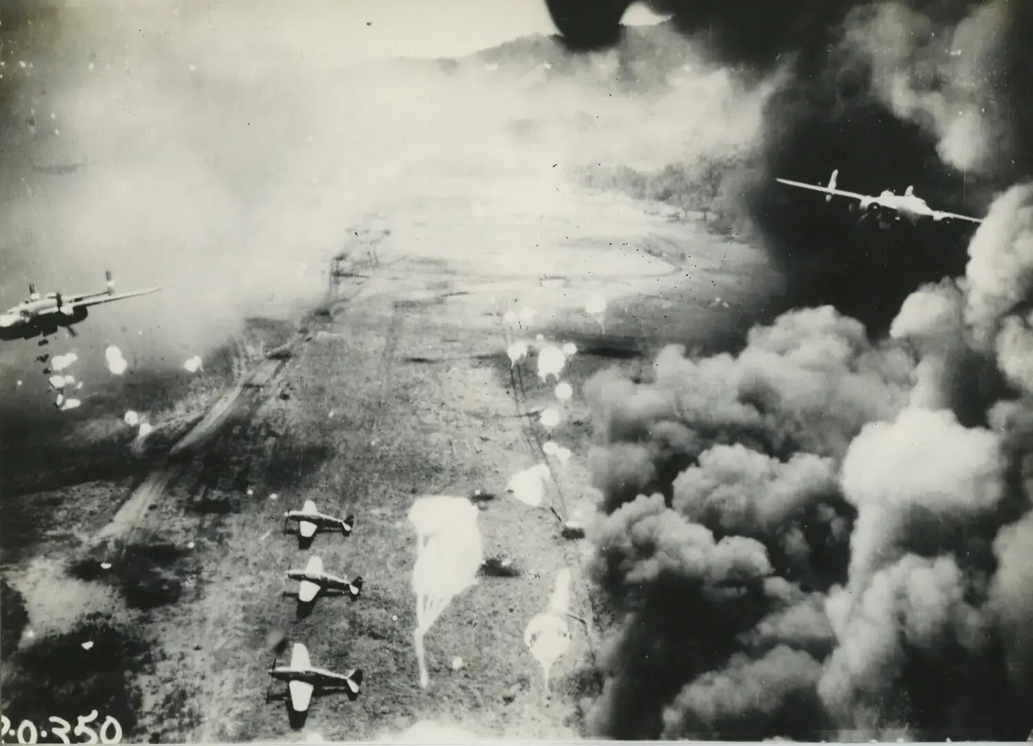 A-20 Havoc Low-Level Strike on Enemy Airfield with Parafrag Bombs, 312th Bomb Group, WWII Pacific Theater