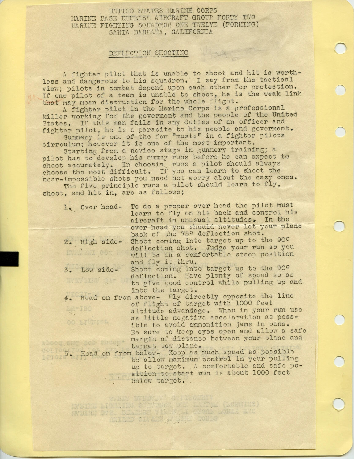 United States Marine Corps Training Memorandum: 'Deflection Shooting,' Marine Fighting Squadron 112 (Forming), Santa Barbara, California