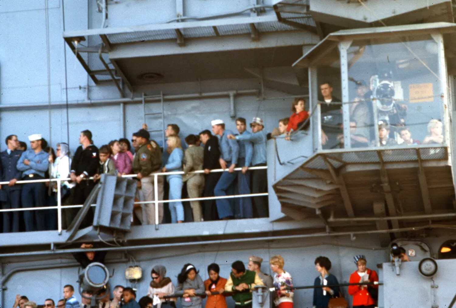 Visitors and Crew Gathered at Pri-Fly, USS Ticonderoga, Vietnam Era