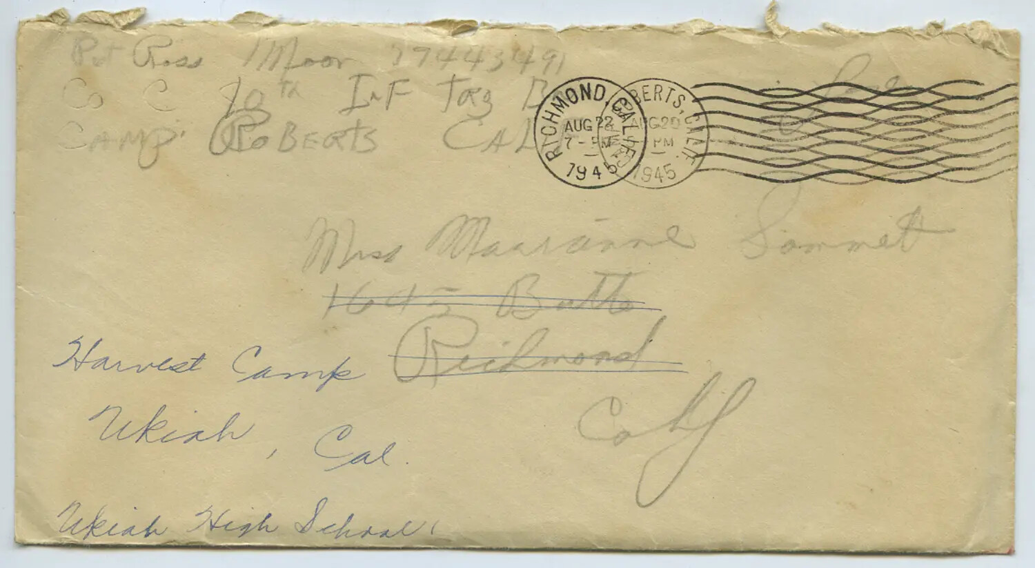 WWII Envelope, Pvt. Ross Moon, Camp Roberts, California, 1945