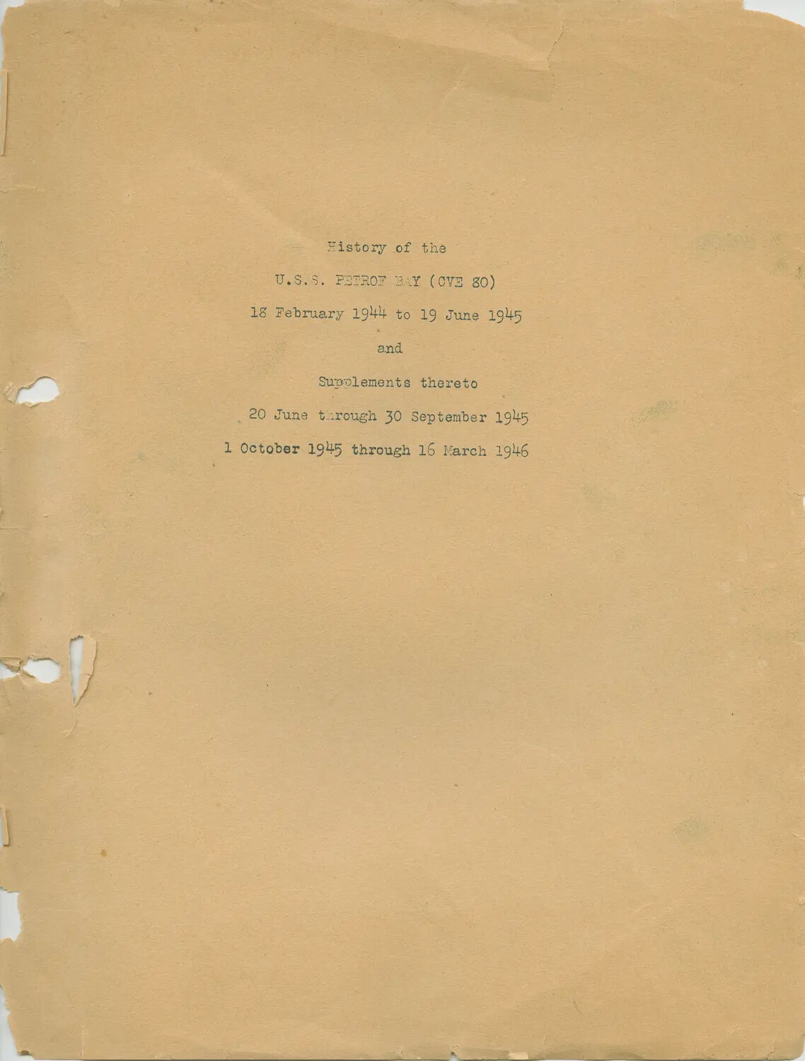 Title Page: 'History of the U.S.S. Petrof Bay (CVE 80),' 1944-1946