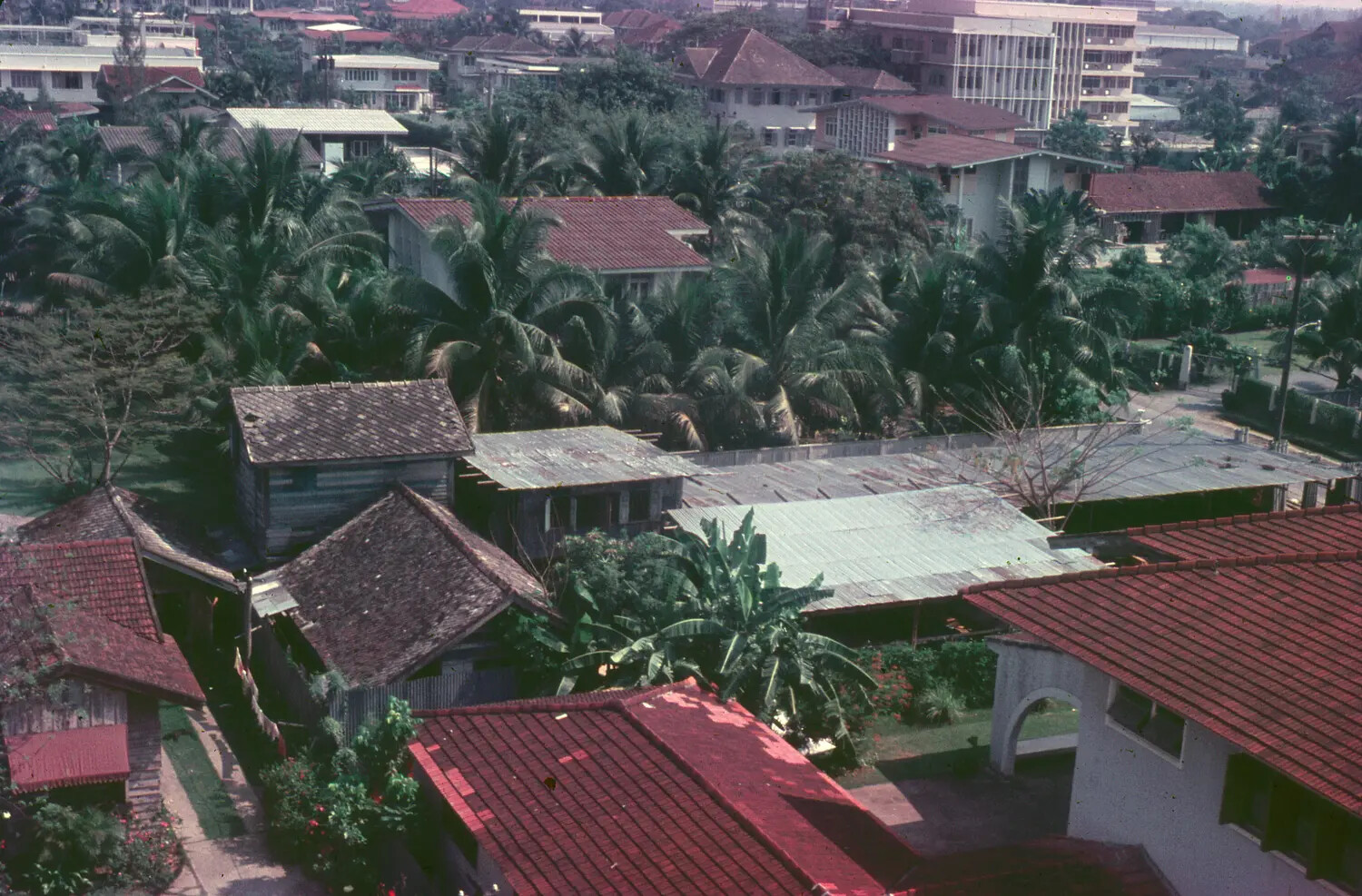 Elevated View of Vietnamese Urban Neighborhood with Mixed Traditional and Modern Architecture, circa 1965