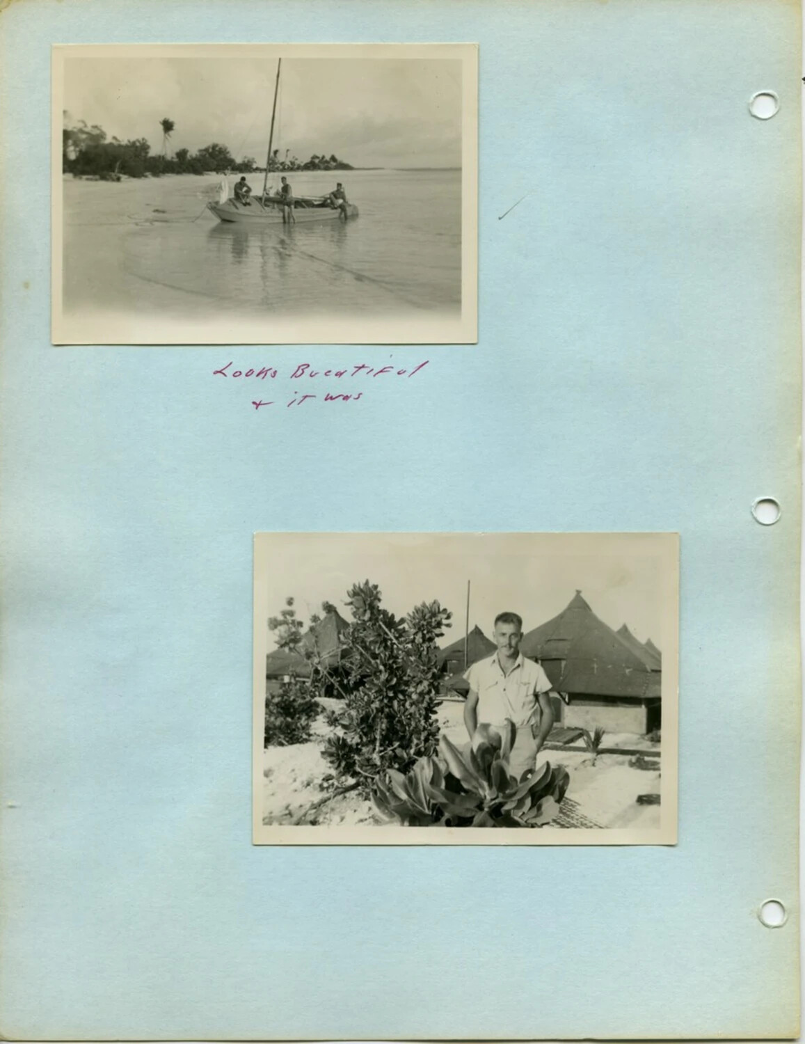 Album Page: Native Sailboat and Serviceman Among Thatched Huts, Pacific Island Base, WWII Era