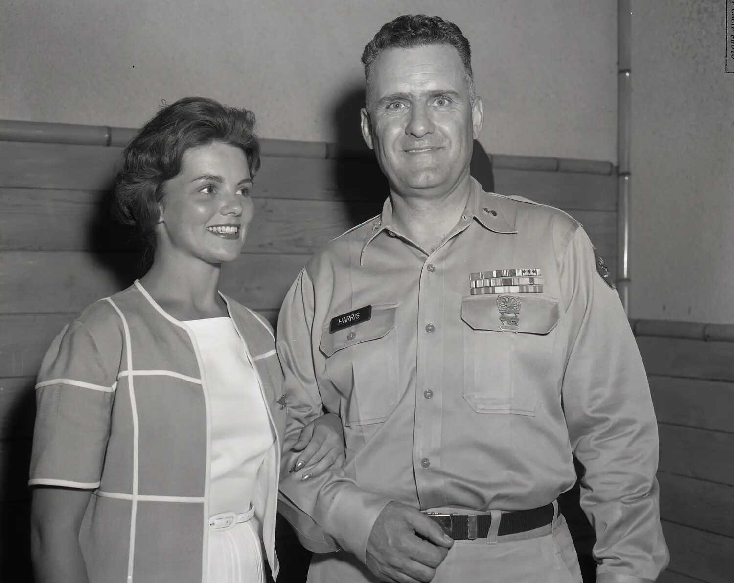 Miss California 1960 Suzanne Marie Reamo with National Guardsman 'Harris,' Portrait