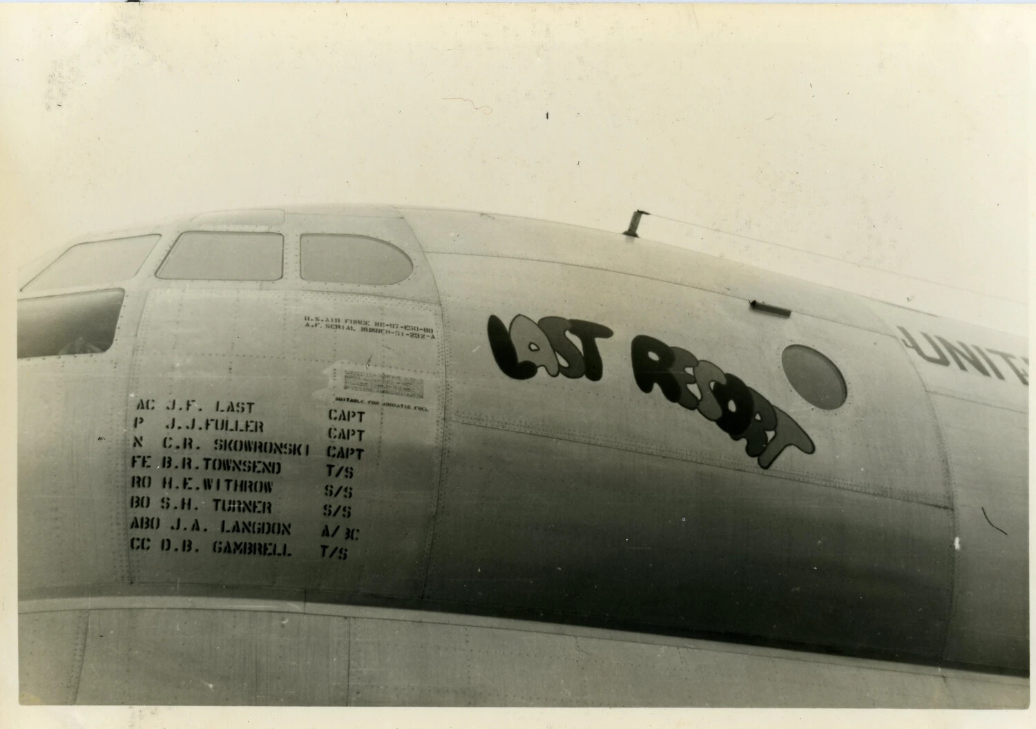 Nose Art and Crew Roster of USAF KC-97 Stratofreighter 'Last Resort', Serial 51-292