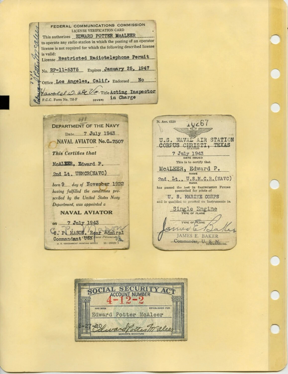 Identification and Certification Documents of Naval Aviator Edward Potter McAleer, USMCR