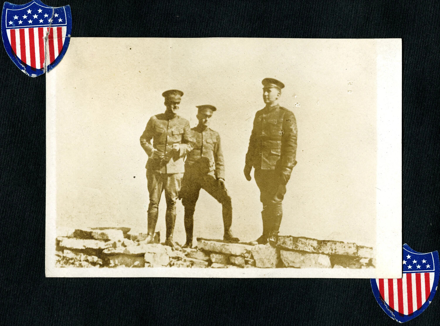Three American Soldiers Posing on a Stone Wall, WWI Era