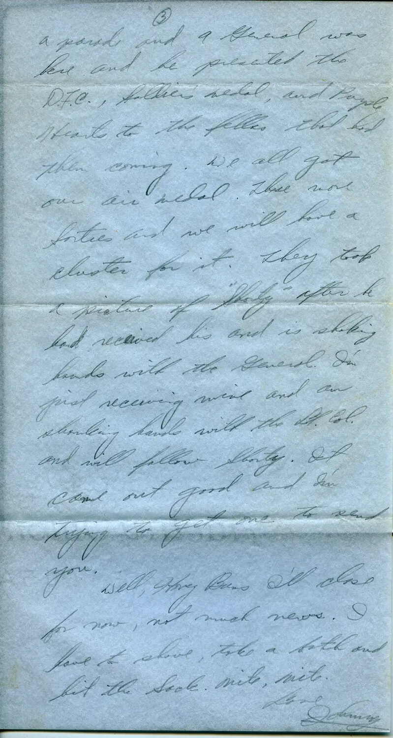 Handwritten Wartime Letter Describing Air Medal Ceremony, 1944 (Page 3)