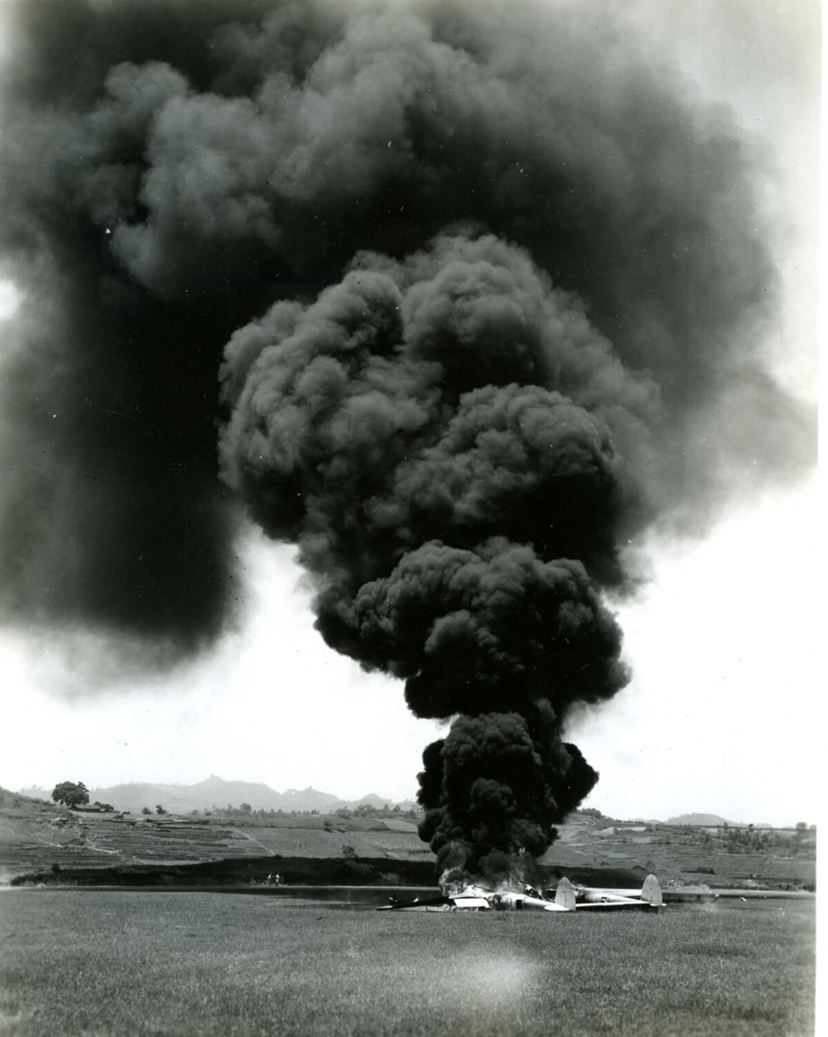 Burning Aircraft Wreckage with Massive Smoke Column, CBI Theater, WWII