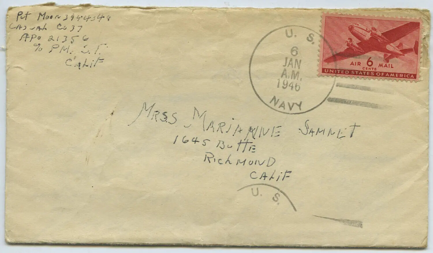 Postmarked Military Mail Envelope, Pvt. Moon to Mrs. Marianne Sammet, January 6, 1946 — Moon Sammiet Letters Collection