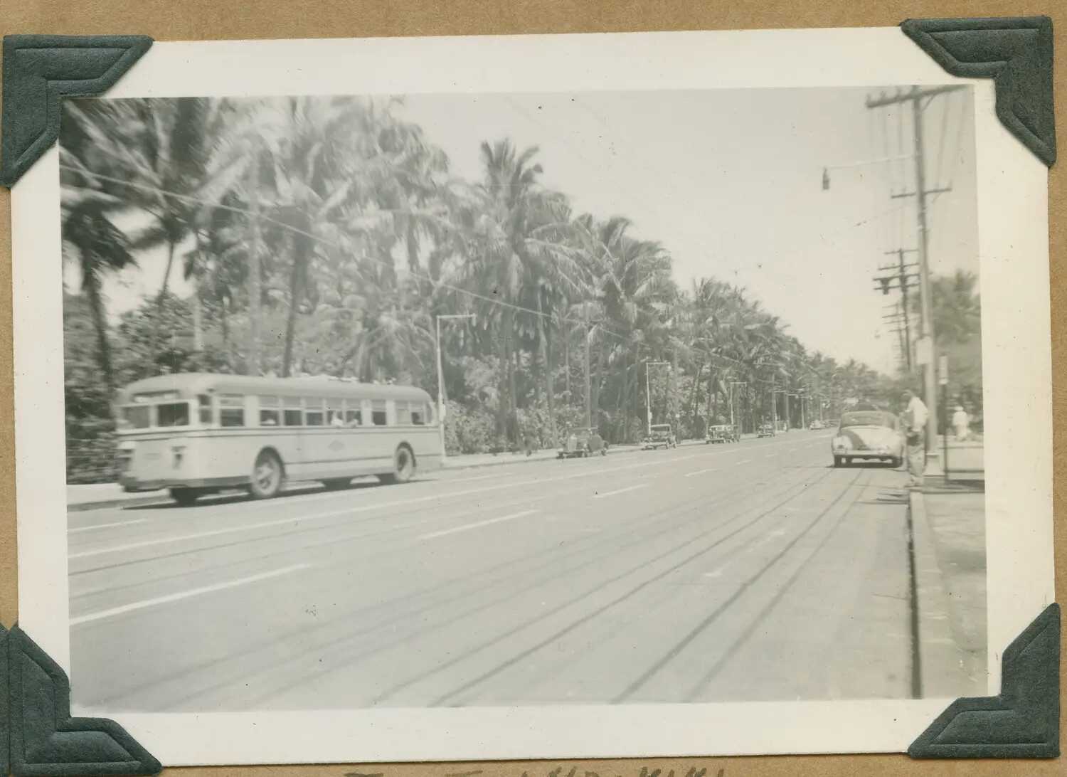 Honolulu Street Scene with Transit Bus and Automobiles, Hawaii, c. 1940s