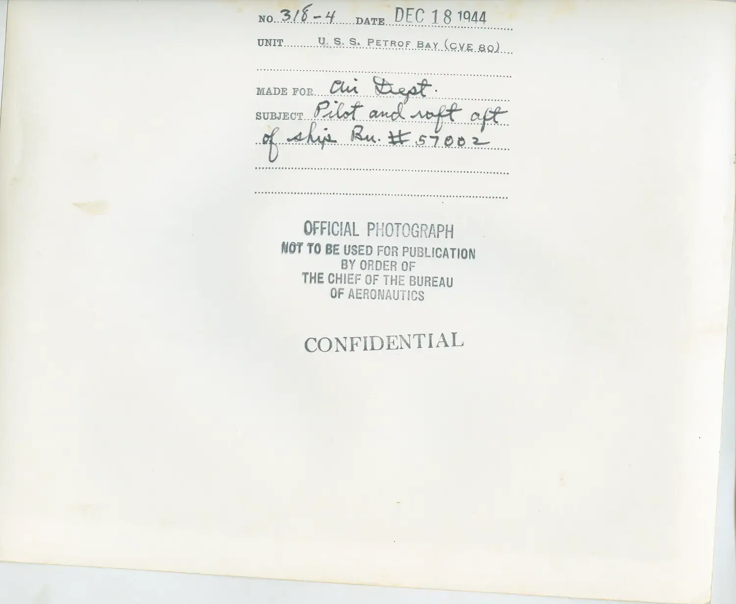 Official Navy Photograph Caption Sheet, USS Petrof Bay (CVE-80), December 1944