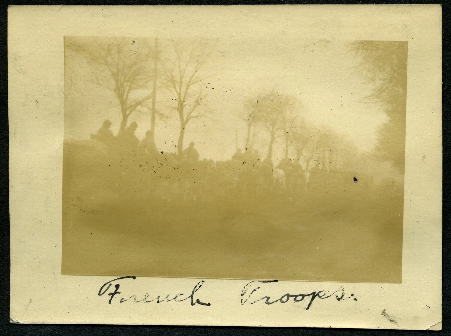 "French Troops" - Distant Column of Soldiers on Tree-Lined Road, WWI France