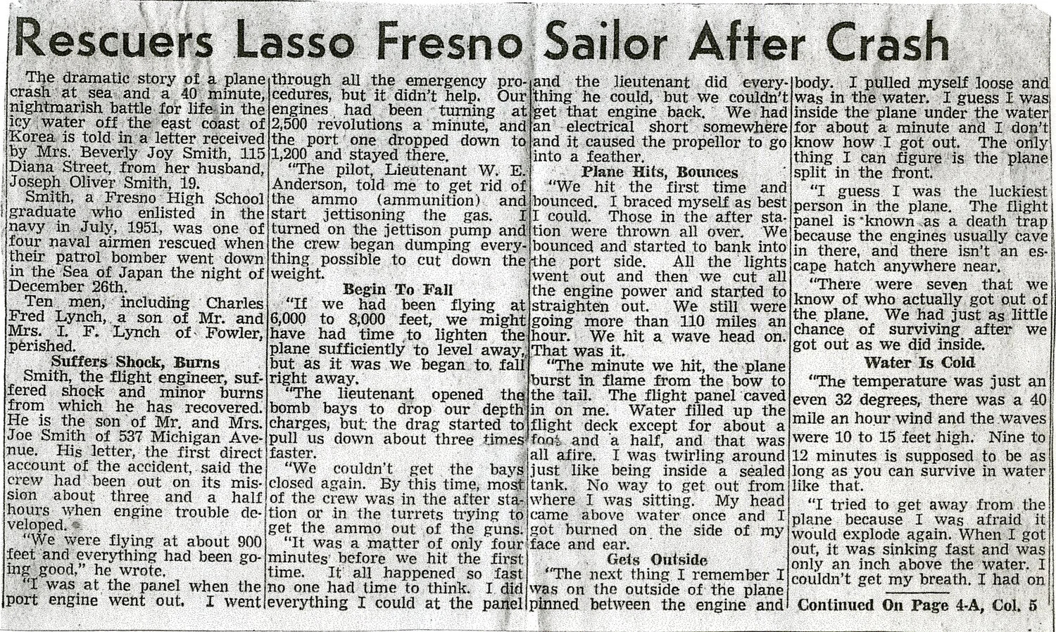 Newspaper Clipping: 'Rescuers Lasso Fresno Sailor After Crash' - Korean War Naval Patrol Bomber Ditching Account