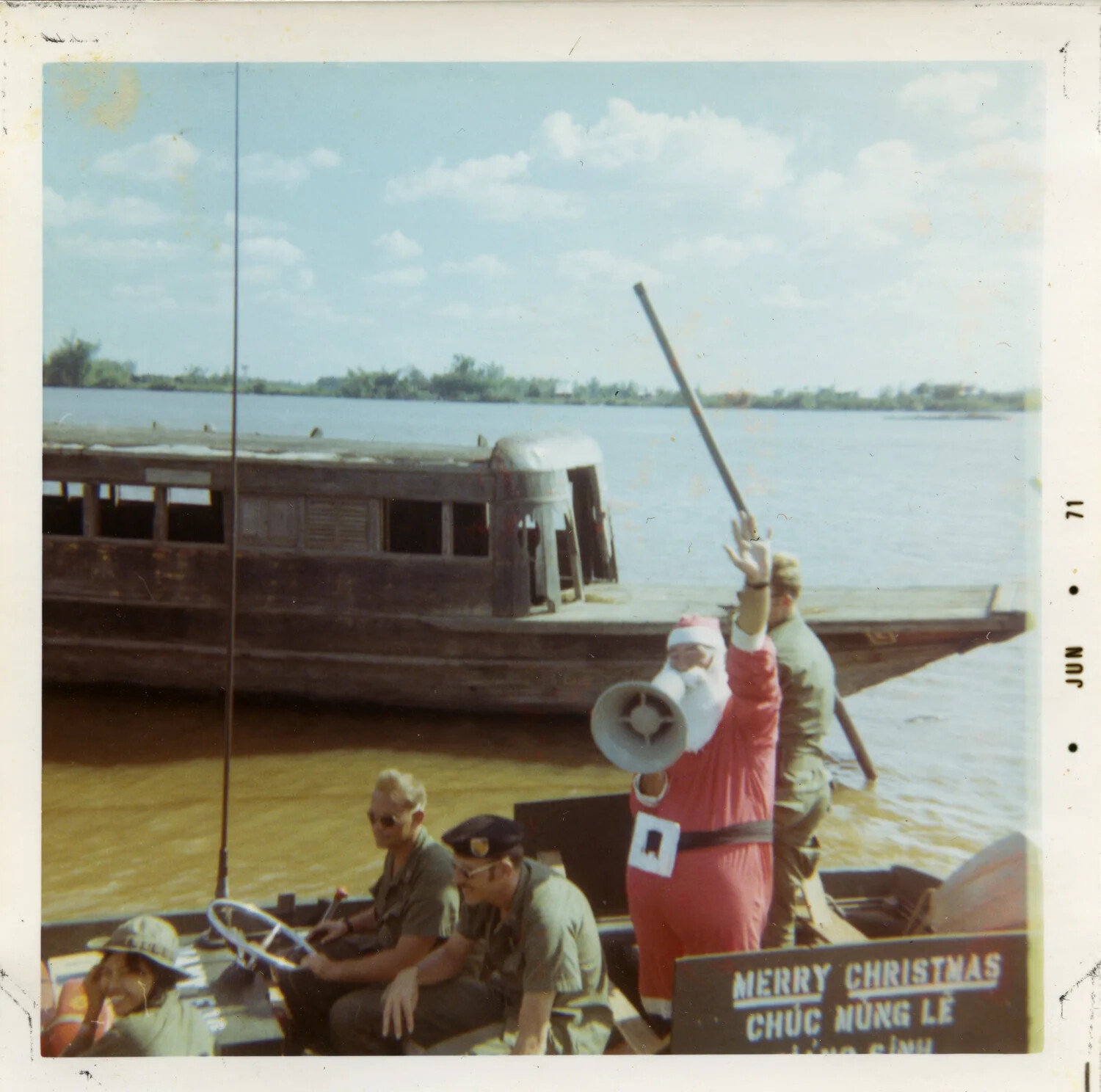 U.S. Servicemen Aboard River Patrol Boat with 'Santa Claus' in Christmas Morale Event, Mekong Delta, South Vietnam, 1971