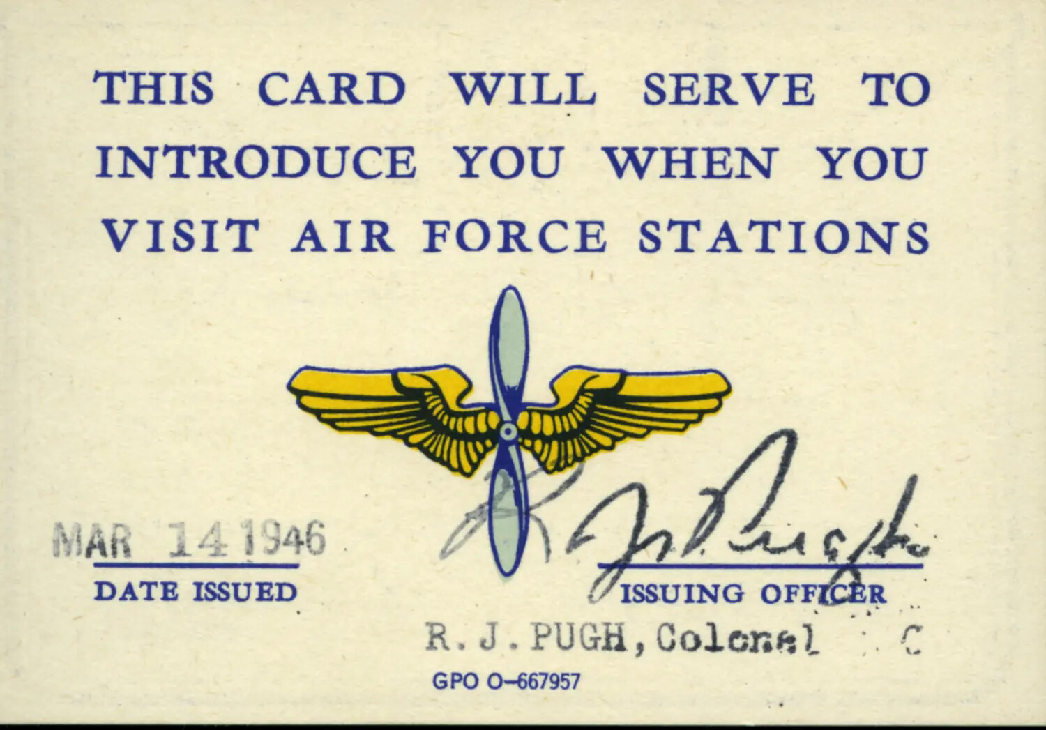 Air Force Station Visitor Introduction Card, Dated March 14, 1946
