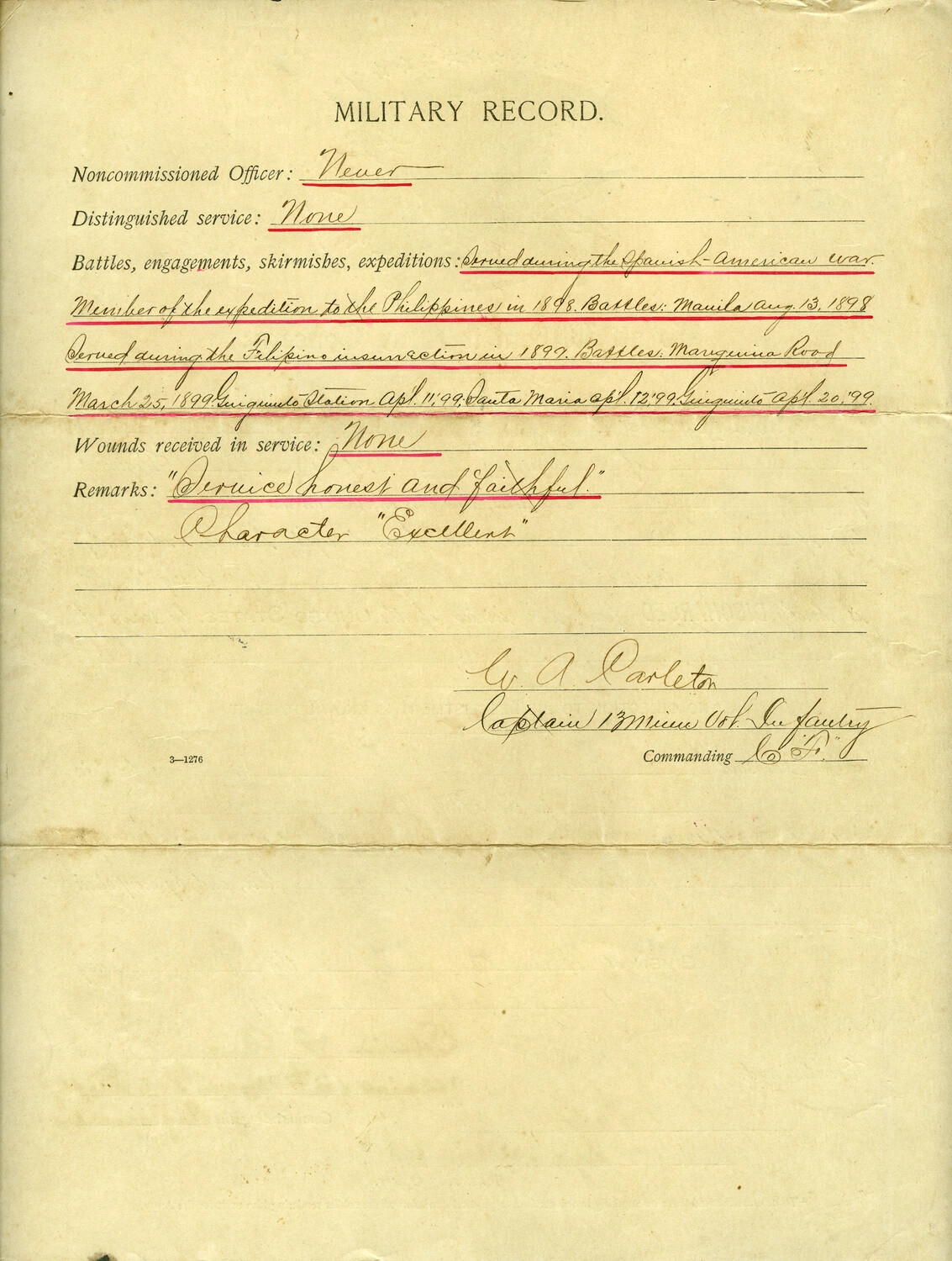 Military Record (Reverse) - 13th Minnesota Volunteer Infantry, Spanish-American War and Philippine Insurrection, 1898-1899