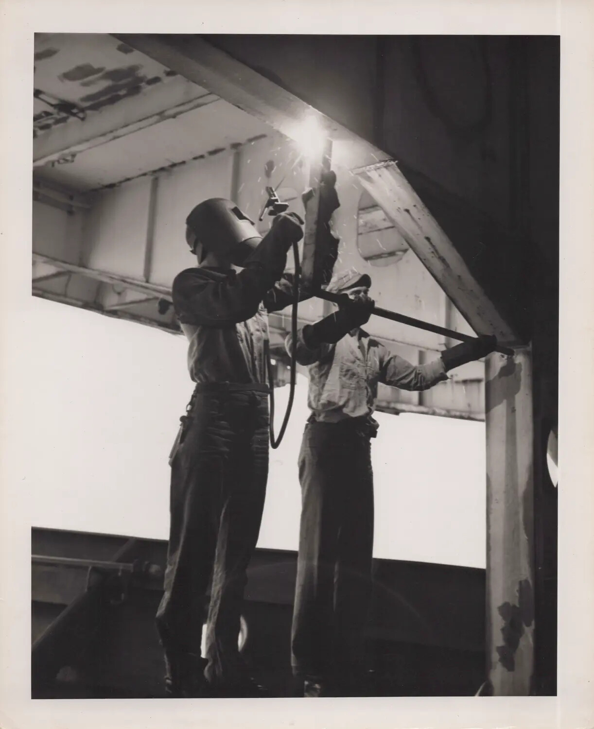 Shipyard Welders Working on Structural Steel, WWII Era