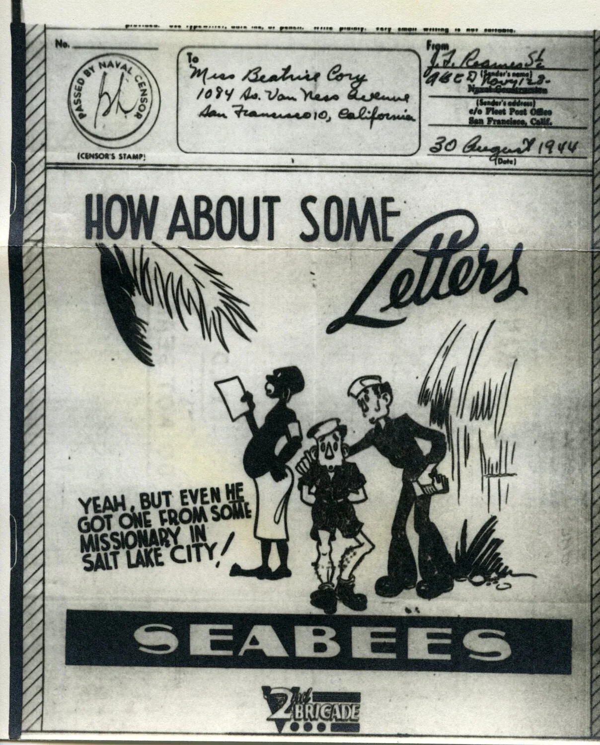 V-Mail Cartoon Stationery, "How About Some Letters," U.S. Navy Seabees, 2nd Naval Construction Brigade, 30 August 1944