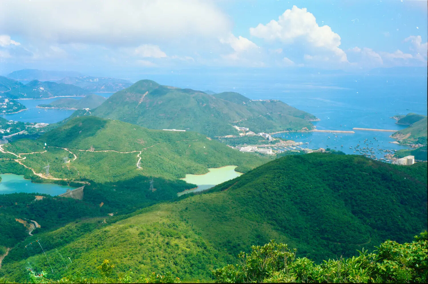 Elevated Scenic View of Reservoirs and Coastal Harbor, Hong Kong, Vietnam War Era
