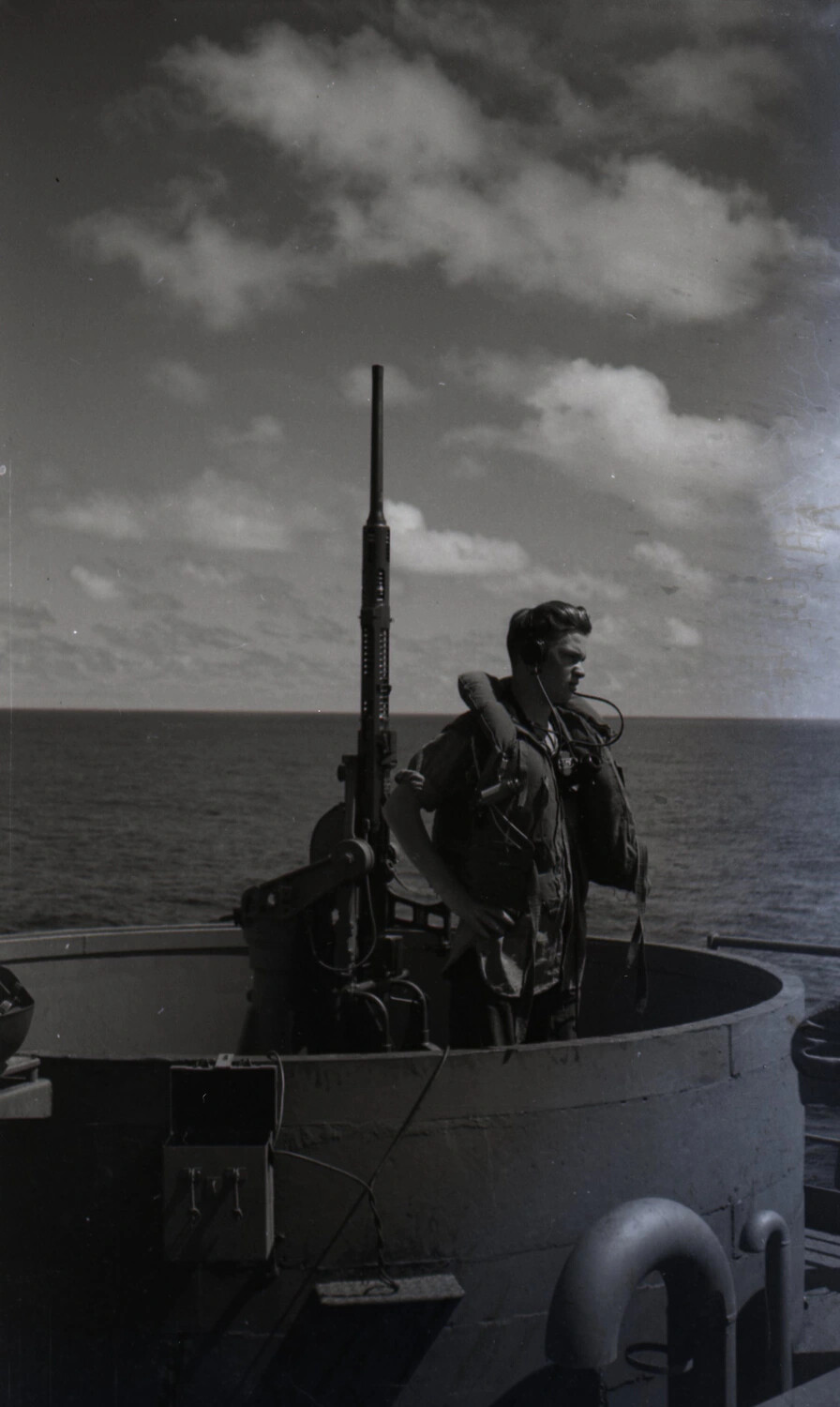 Shipboard Gun Watch Crewman at Deck Gun Tub, WWII Pacific/CBI Theater Transit