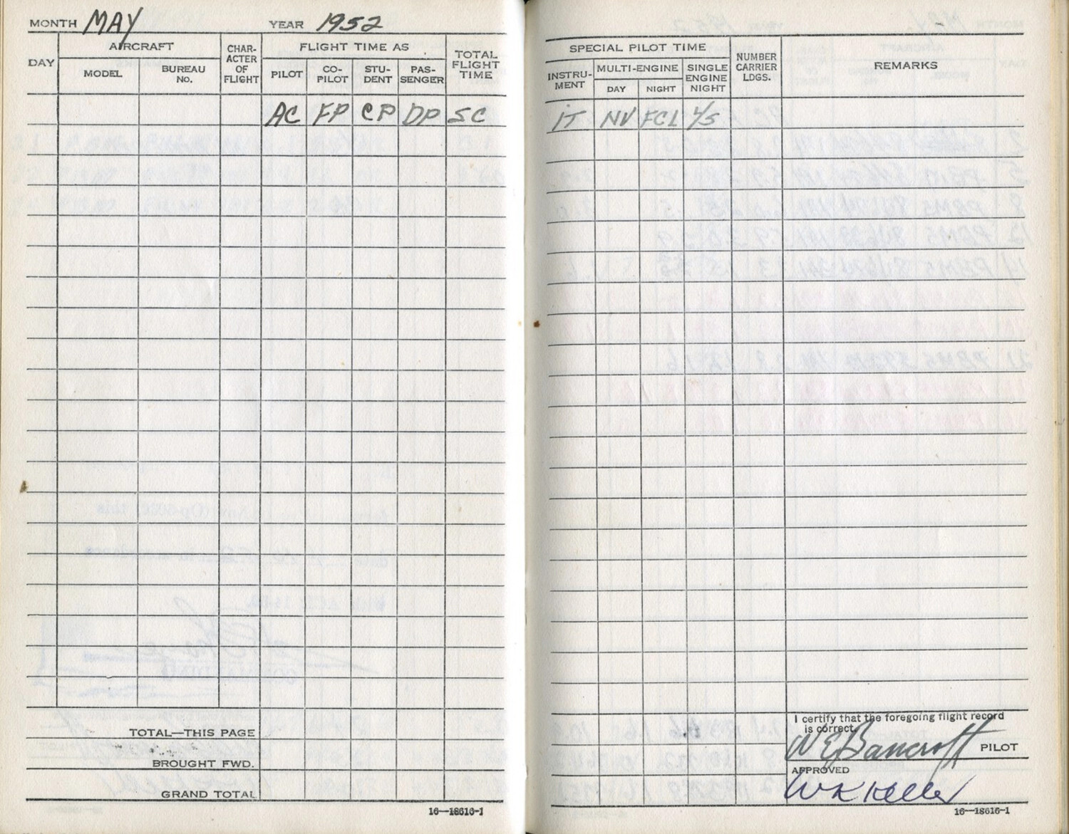 U.S. Navy Aviator's Flight Logbook, Lt. W.E. Bancroft, May 1952, Korean War Era
